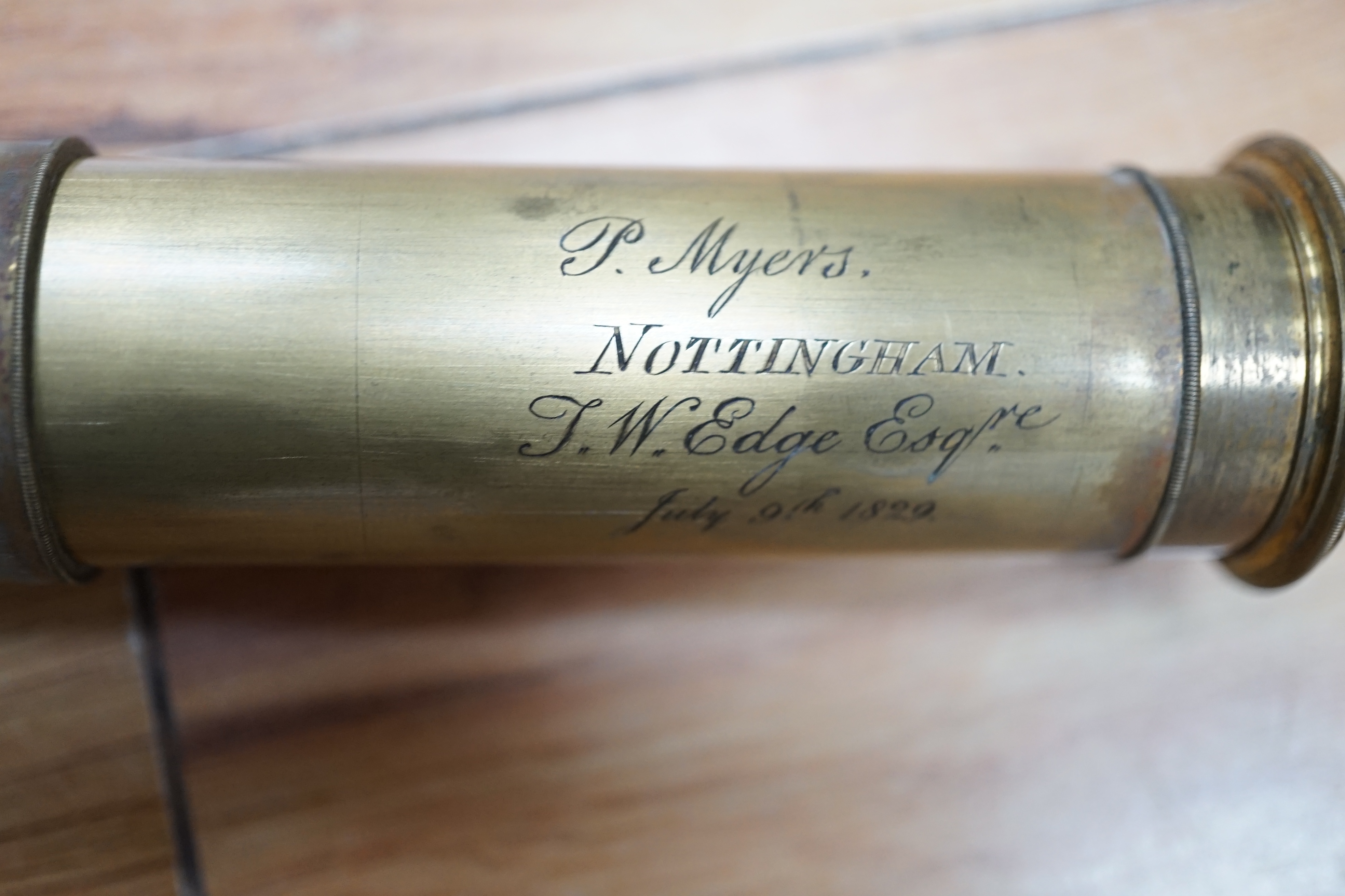 A leather cased and shagreen covered eight drawer brass telescope, engraved; ‘P. Myers. Nottingham, J.W. Edge Esqre. July 9th 1829’, with brass lens cap, the leather case blind stamped with ‘T.W. Edge’, 76cm fully extend